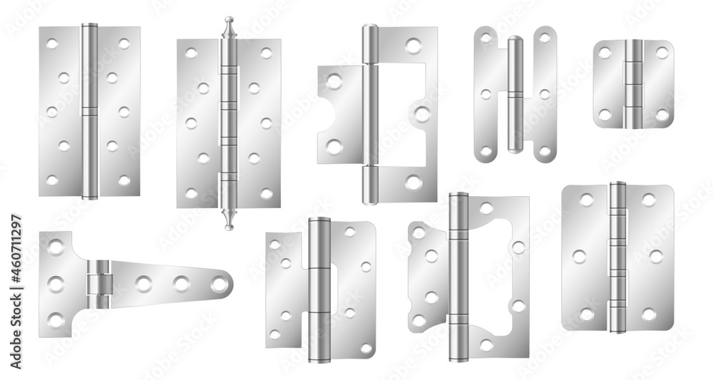 Metal door hinges, silver construction hardware. Realistic set of tools for joint gates and windows Metal door hinges, silver construction hardware. Realistic set of tools for joint gates and windows