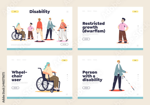 People with disability concept of landing pages set with person on wheelchair, blind and dwarf
