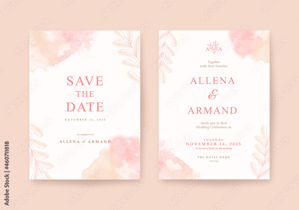 Wedding invitation template with beautiful watercolor background