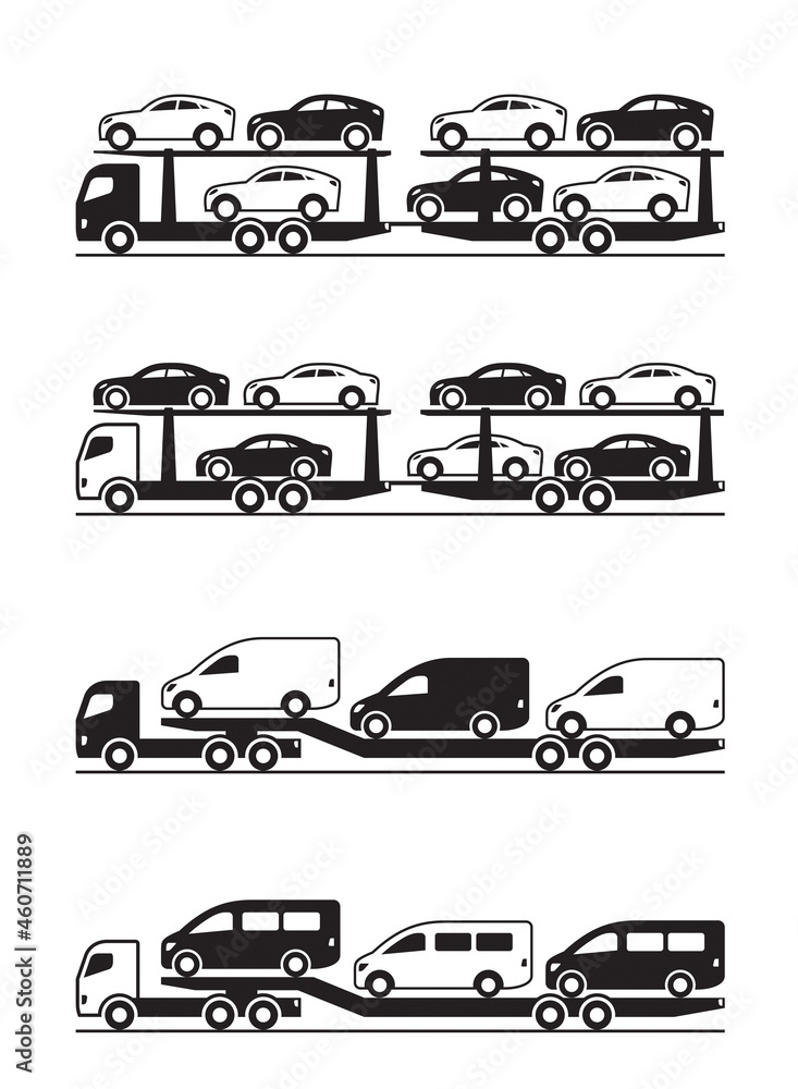 Truck carrying cars, pickups, SUV and vans – vector illustration Truck carrying cars, pickups, SUV and vans – vector illustration