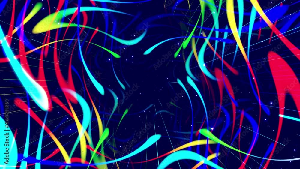 Motion graphic, camera fly in art space, multilayer structure with pattern, glow particles and lines. Ornamental texture rainbow gradient color. Motion design vj loop. Abstract colorful bg. Modern Art