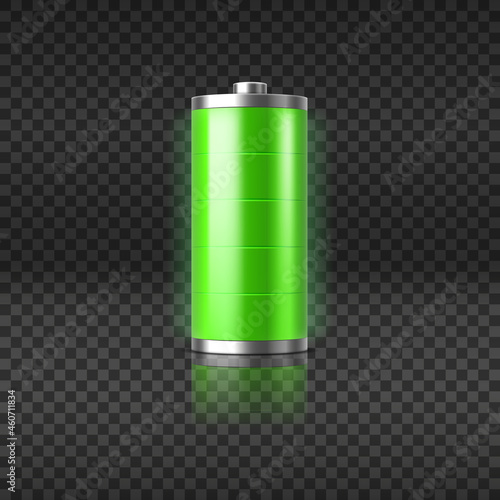 Full charged battery glowing with green light charging status indicator on transparent background