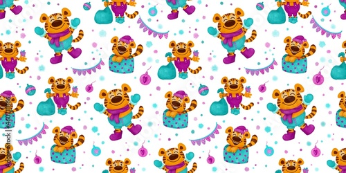 Hand drawn seamless pattern with New year   s tigers illustrations. Christmas background with tigers. Cute elements  gifts  Christmas tree toys and garlands 