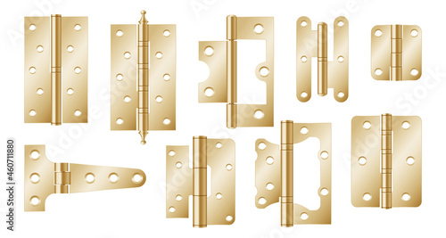 Golden door hinges, construction hardware. Realistic set of gold tools for joint gates and windows