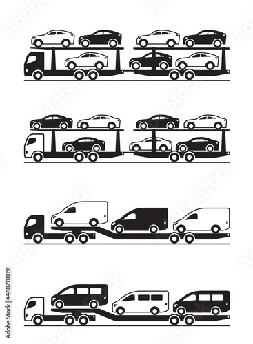 Truck carrying cars, pickups, SUV and vans – vector illustration