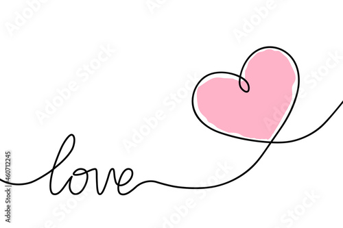 Heart outline. Pink shape one heart lineart. oneline heart. Continuous line drawing. Single hand drawn heart with word love for romance design, wedding celebration. Fashion icon. Vector illustration photo