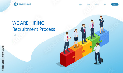 Isometric Teamwork with Puzzle, Teamwork, Cooperation, Partnership Concept. Collaboration, Unity as Jigsaw. Solution and Success. Recruitment Process