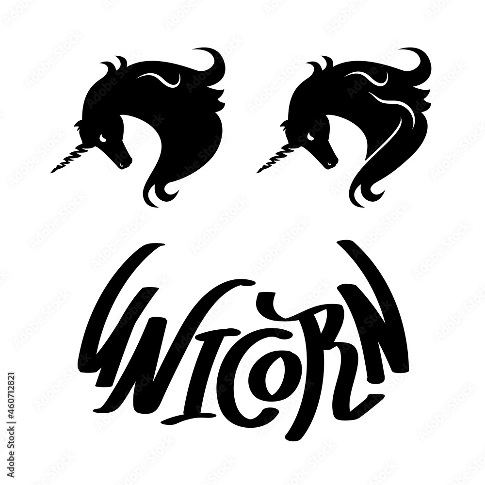 Obraz premium The Head of A Unicorn, two versions of silhouette with lettering incription. Vector art.