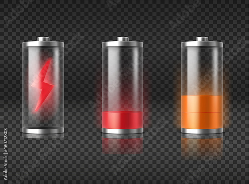 Realistic battery charging red empty to yellow half energy level. Glowing smartphone accumulator