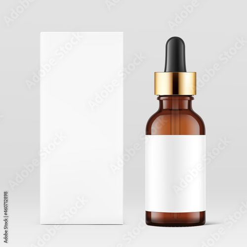 Dropper bottle with metal cap mockup. Vector illustration. Front view. Сan be used for cosmetic, medical and other needs. EPS10	