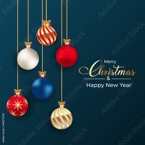 Christmas tree decoration elements with luxurious red  blue  white  and golden color and golden ribbon. 3D ball design with snowflake and stirp art. Realistic 3D ball design collection and calligraphy