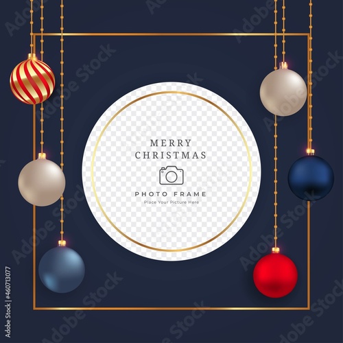 Christmas photo frame design with luxurious red, blue, and white decorative balls. Realistic social media photo frame design with the 3D balls. Christmas photo frame design with decoration balls.