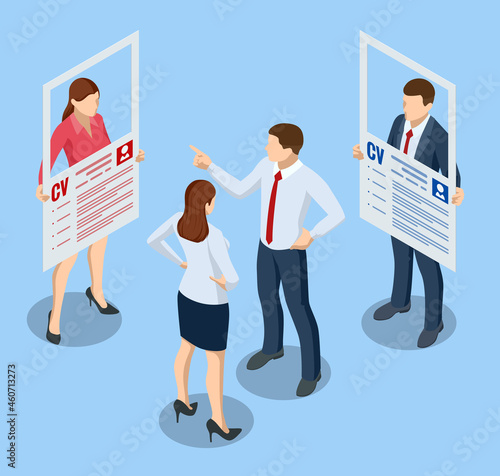 Isometric hiring and recruitment concept. HR job seeking. Online job search, human resource concept. Infographics of Business data visualization. Job interview, recruitment agency