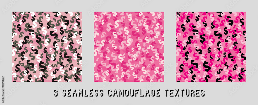 Trendy pink camouflage military pattern with dollar sign. Vector camouflage pattern for clothing design.