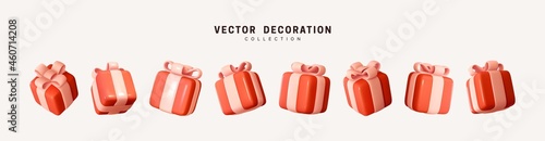 Set of realistic 3d gifts box. Holiday decoration presents. Festive gift surprise. Decor Isolated boxes. Vector illustration