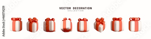 Set of realistic 3d gifts box. Holiday decoration presents. Festive gift surprise. Decor Isolated boxes. Vector illustration