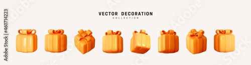 Set of realistic 3d gifts box. Holiday decoration presents. Festive gift surprise. Decor Isolated boxes. Vector illustration