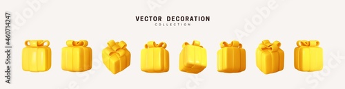 Set of realistic 3d gifts box. Holiday decoration presents. Festive gift surprise. Decor Isolated boxes. Vector illustration