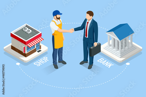 Isometric small business loan form financial concept. Shop that get loans from bank without collateral
