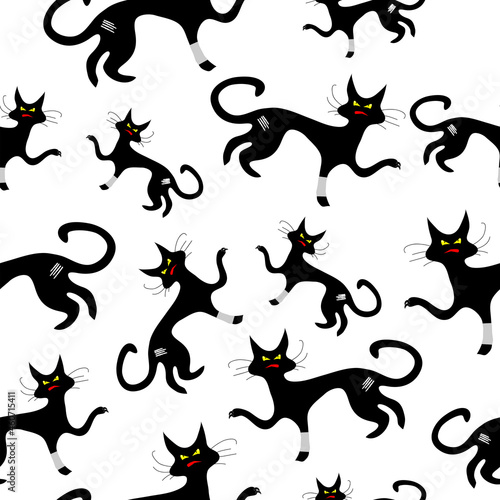 Black cat seamless pattern on white background. Naughty cat with Scratches on its body and bandage on leg