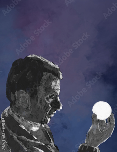 Billede på lærred Digital illustration of a man gazing into a glowing ball.