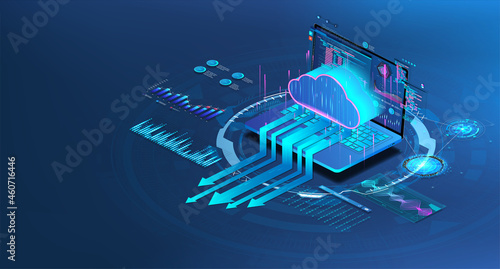 Cloud storage with laptop in isometric. Data center with data exchange for hosting or cloud service. App or Network with computing technologies. Saas, Networks, Softs, Programs. Vector banner photo