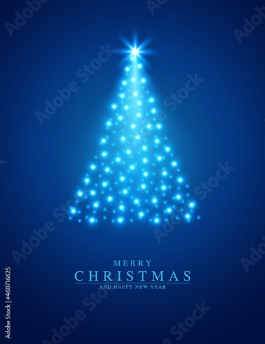 Merry Christmas and Happy New Year greeting card. Christmas tree with silver stars on blue background. Vector illustration