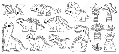 Set with little cute dinosaurs. Coloring book for kids. Collection in cartoon style with funny dinos on white background. Vector illustration.