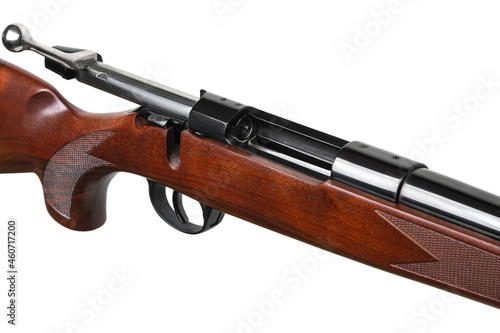 A classic bolt-action rifle with a wooden stock and mechanical sights. Weapons for hunting, sports and self-defense. Isolate on a white back