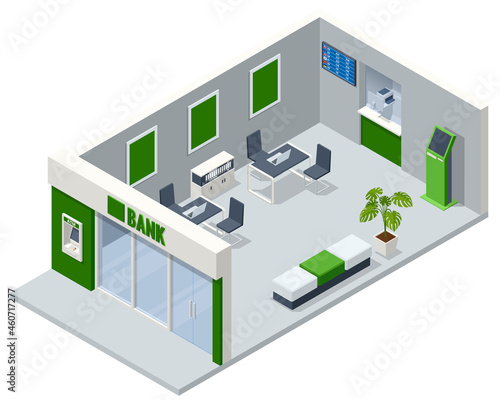 Isometric Bank branch, Bank office. Financial center modern corporate interior