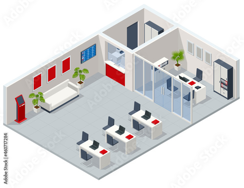 Isometric Bank branch, Bank office. Financial center modern corporate interior