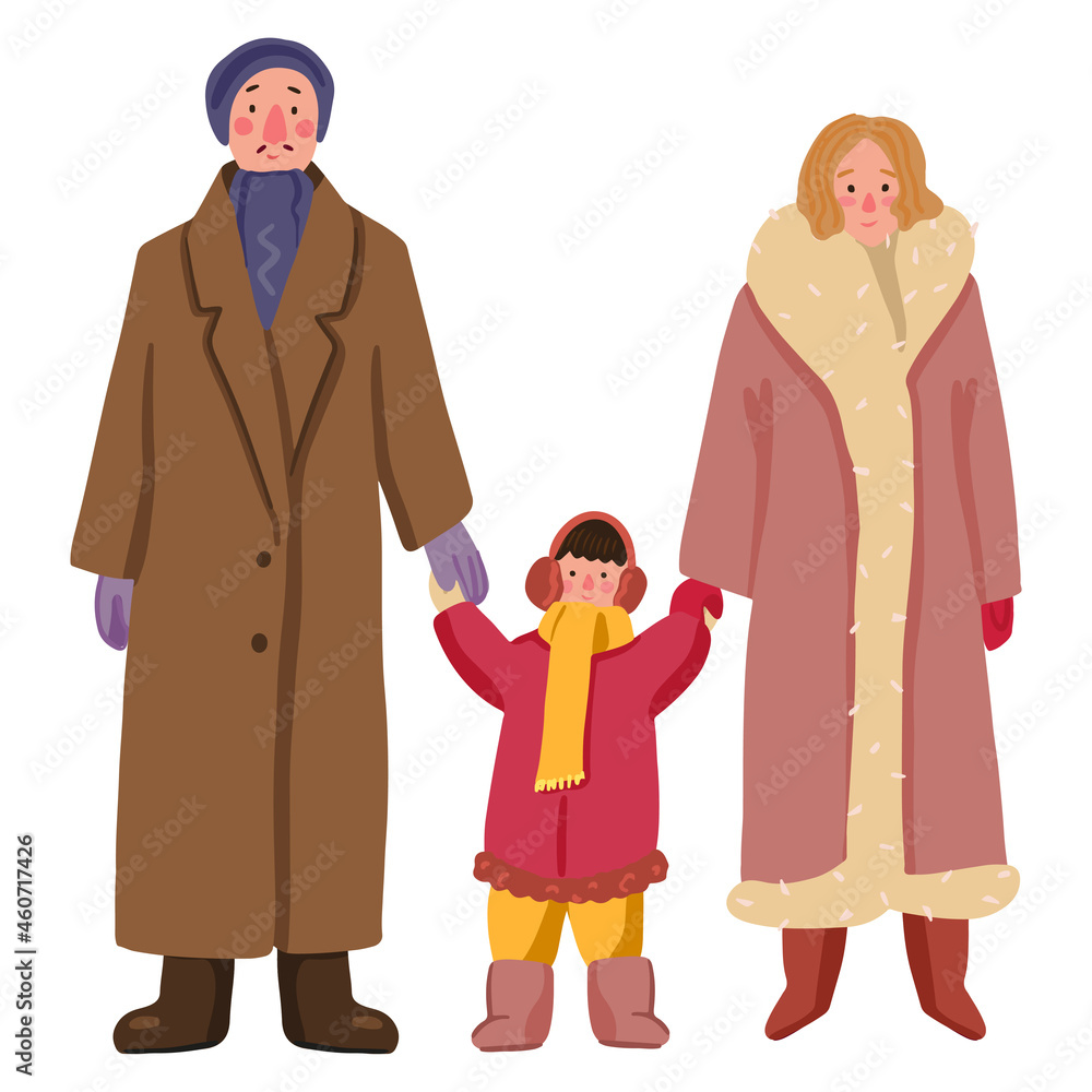 Cute family in winter outerwear in outdoor. Man, woman and child walking. Flat vector illustration. Colored cartoon clipart isolated on white. Single element for holiday design, decor, print, postcard