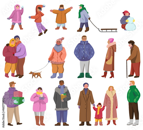 People in winter outerwear in outdoors. Set of different men, women, children, couple. Collection of flat vector illustration. Colored cartoon cliparts isolated on white. Elements for design, decor.