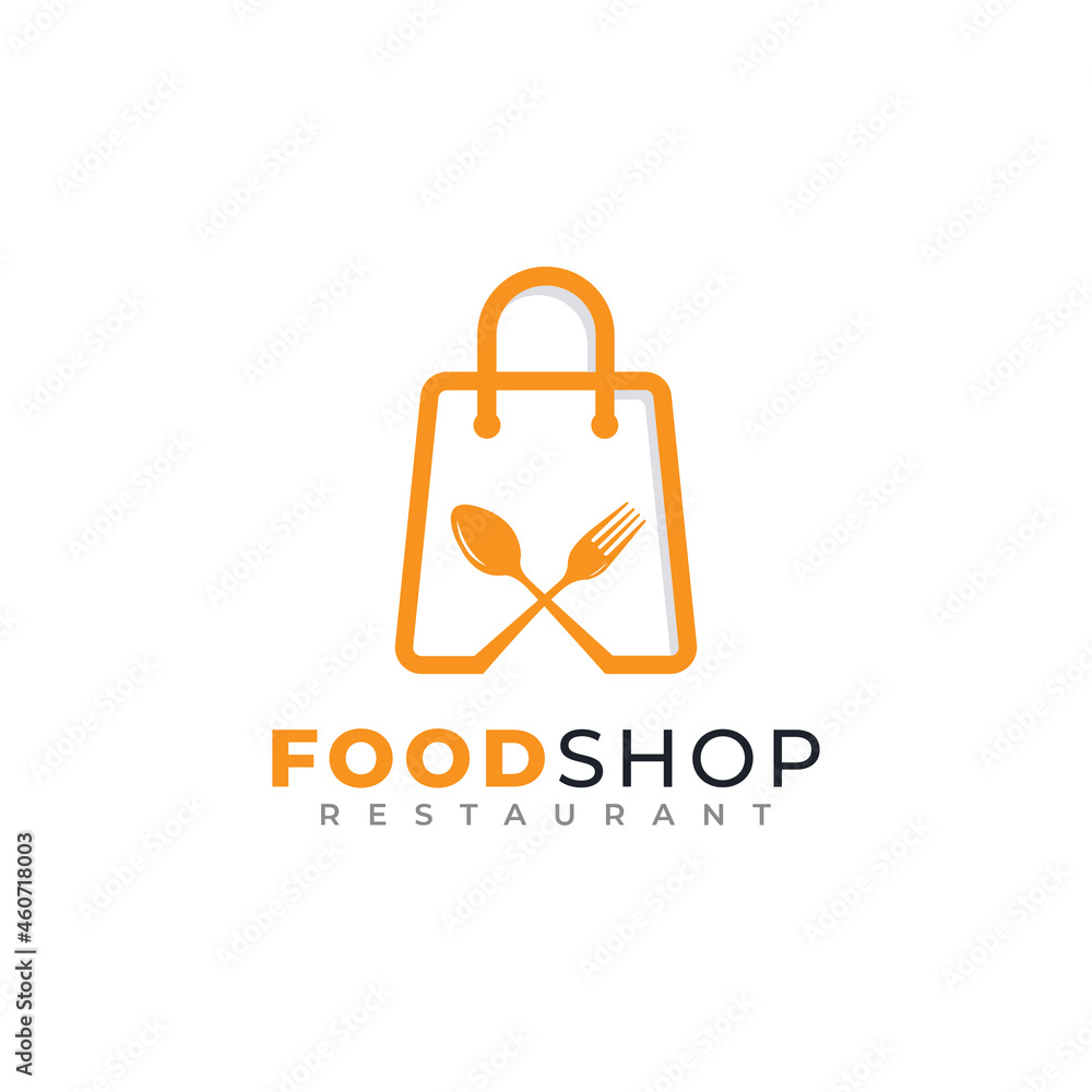 Food Shop Logo Design. Shopping Bag Combined with Spoon and Fork Icon Vector Illustration
