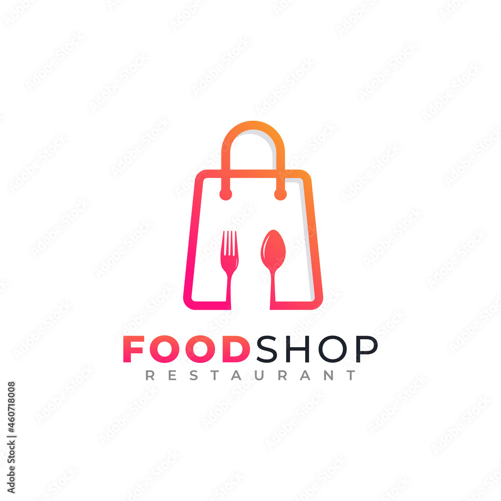 Food Shop Logo Design. Shopping Bag Combined with Spoon and Fork Icon Vector Illustration Food Shop Logo Design. Shopping Bag Combined with Spoon and Fork Icon Vector Illustration