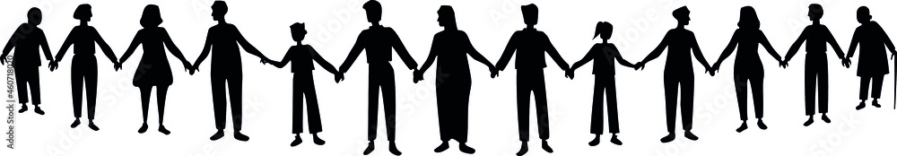 Vector silueta de personas diversas unidas tomadas de la mano. Ilustración negra sobre fondo blanco.
