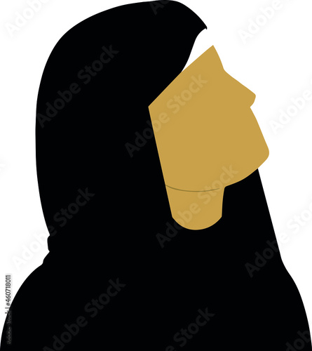 Vector mujer musulmana de perfil vistiendo hijab negro. Icono.