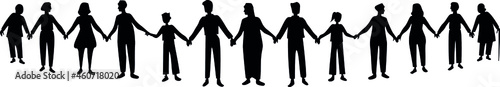 Vector silueta de personas diversas unidas tomadas de la mano. Ilustración negra sobre fondo blanco.
