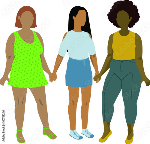Ilustración. Grupo de mujeres juntas de la mano. Diversidad, feminismo, LGBT.