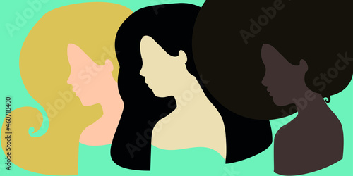 Vector. Tres mujeres de perfil de diversas nacionalidades. Feminismo, 8 marzo.