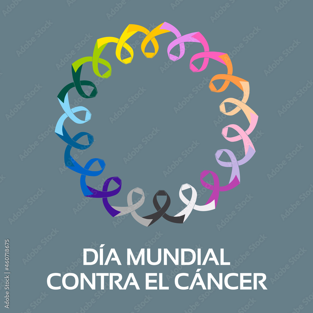 Ilustración día mundial contra el cáncer. Lazos solidarios multicolor.  - obrazy, fototapety, plakaty 