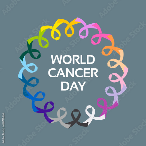 Ilustración día mundial contra el cáncer en inglés. Lazos solidarios multicolor.  photo