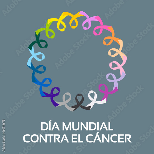 Ilustración día mundial contra el cáncer. Lazos solidarios multicolor.  photo