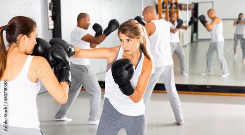 Two diligent efficient glad women boxing sparring in the gym