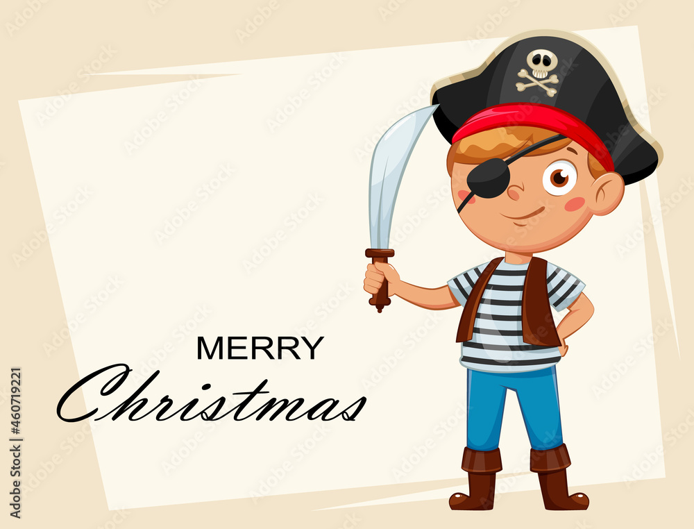 Cheerful boy in pirate costume