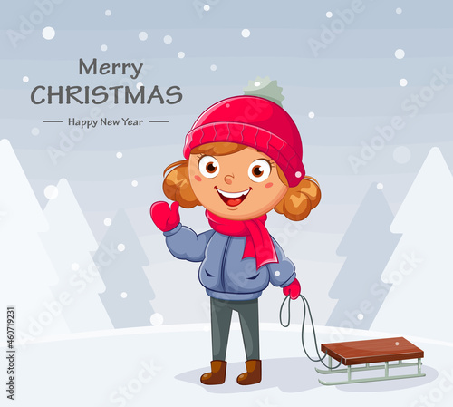 Merry Christmas. Kid with sled. Cute girl