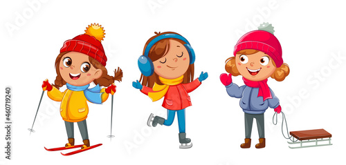 Girl with sled, with ski and with skates