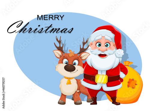 Cheerful Santa Claus standing near deer
