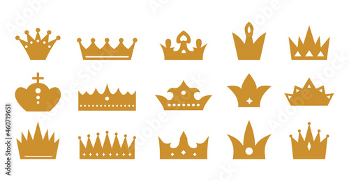 Crowns and tiaras for the king and queen. Vintage exquisite luxury decor items with holes. Low and high crowns, female and male, for different titles. Indicator of the high quality of the product