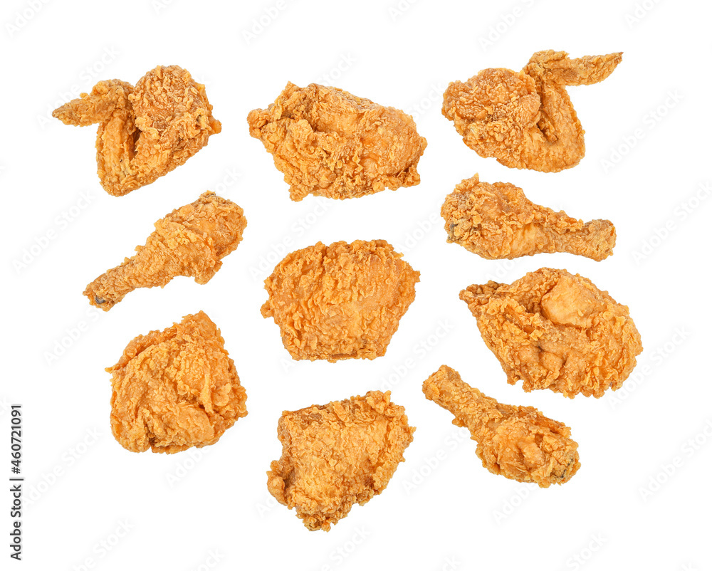 Set of fried chicken isolated on white background. Top view Set of fried chicken isolated on white background. Top view